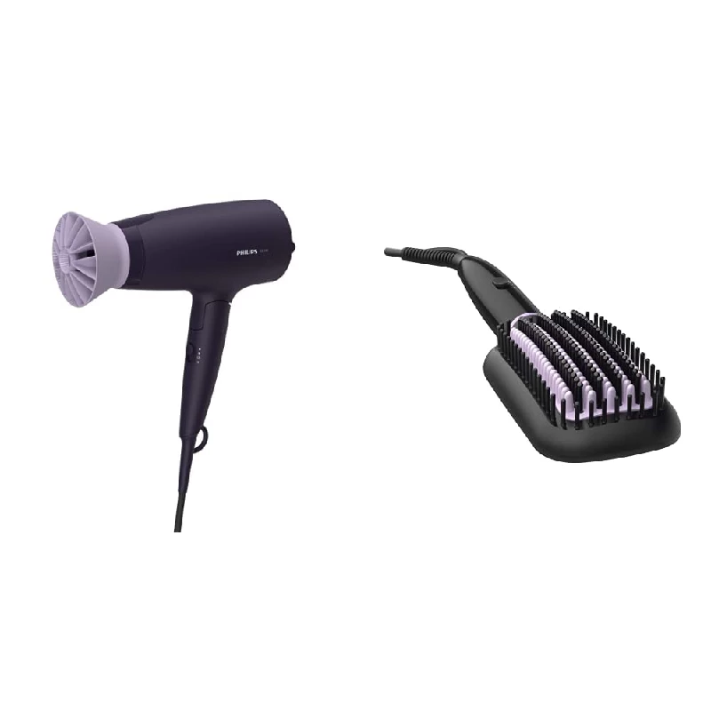 Philips BHD318-00 1600 Watts Hair Dryer and BHH880-10 50 Watts Hair Straightening Brush with Keratin Infused Bristles Black, 620 g-1.webp
